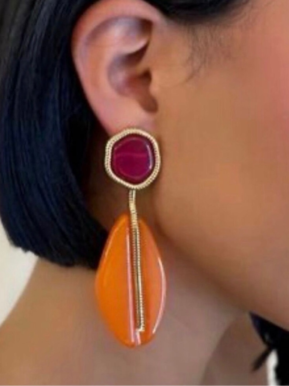 Zara Statement Drop Earrings Orange Lucite Red Resin Gold Tone Vintage Style New